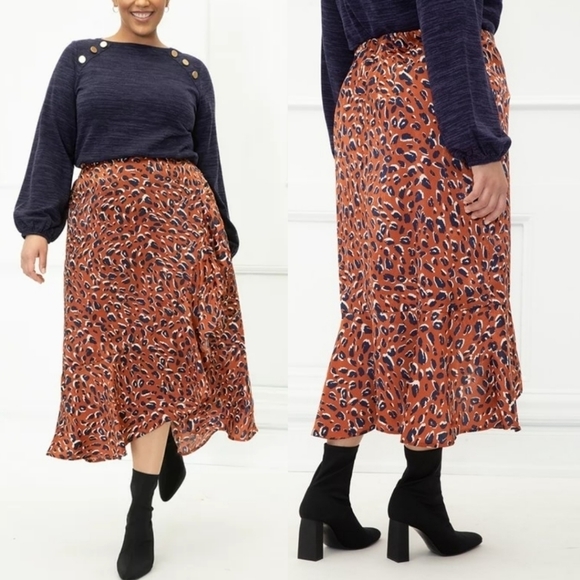 NWT Leopard Print Satin Ruffle Midi Skirt - Picture 2 of 3